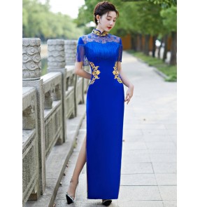 Women girls royal blue tassels Chinese Dresses Retro Oriental Cheongsam Qipao Dress Model show Catwalk Host singer performance long gown